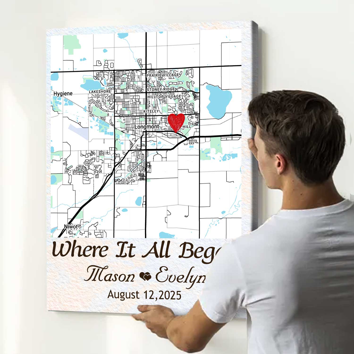 Personalized map canvas print with custom location – romantic Valentine’s Day and wedding anniversary keepsake for couples.