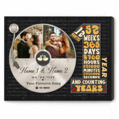 Personalized 1st anniversary canvas with vinyl record photo – first year wedding anniversary gift for him.