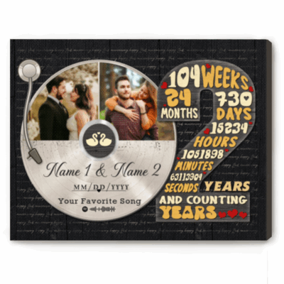 Personalized 2 years anniversary canvas with custom photo vinyl record – second wedding anniversary gift for husband.