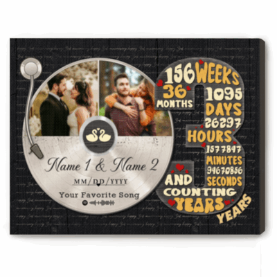 Personalized 3 years anniversary canvas with custom vinyl record photo – third wedding anniversary gift for him.