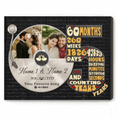 Personalized 5 years anniversary canvas with custom vinyl record photo – fifth wedding anniversary gift for him.