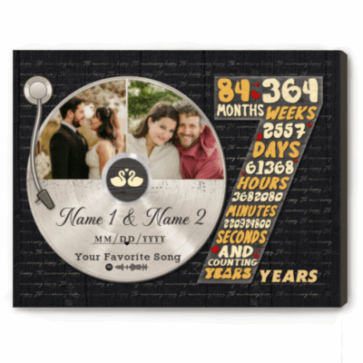 Personalized 7 years anniversary canvas with custom vinyl record photo – seventh wedding anniversary gift for him.