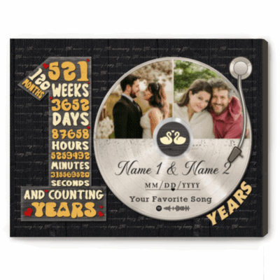 Personalized 10 years anniversary canvas with custom vinyl record photo – tenth wedding anniversary gift for him.
