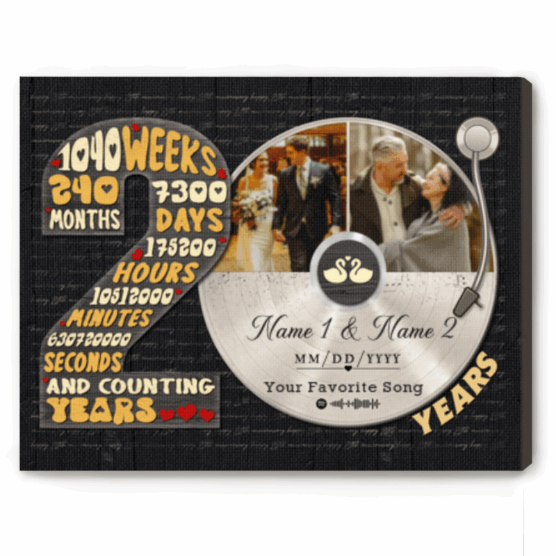 Personalized 20 years anniversary canvas with custom vinyl record photo – twentieth wedding anniversary wall décor keepsake.