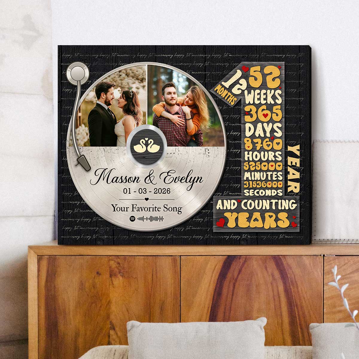 Personalized 1st anniversary canvas with vinyl record photo – first year wedding anniversary gift for him.