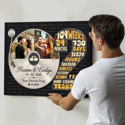 Personalized 2 years anniversary canvas with custom photo vinyl record – second wedding anniversary gift for husband.