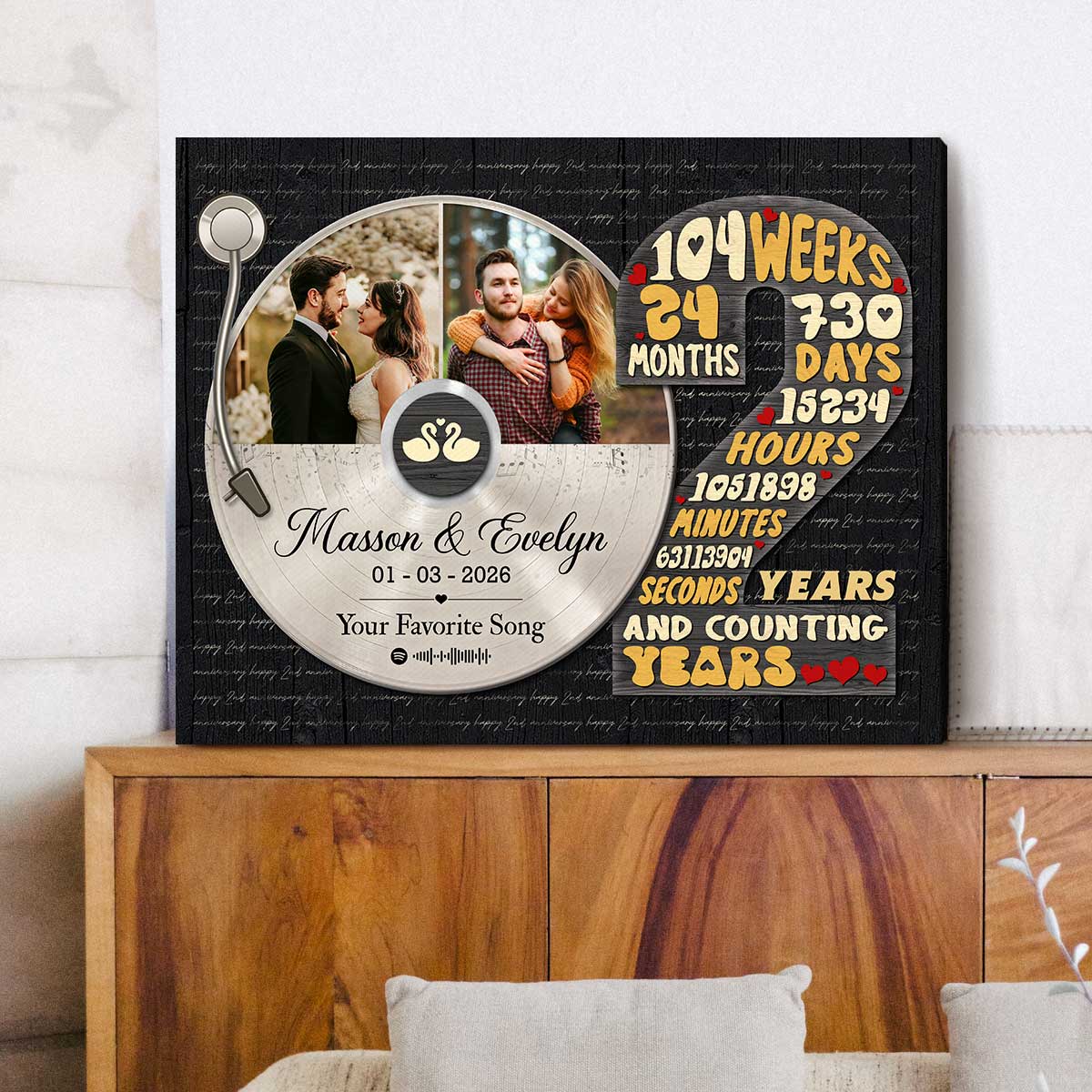 Personalized 2 years anniversary canvas with custom photo vinyl record – second wedding anniversary gift for husband.