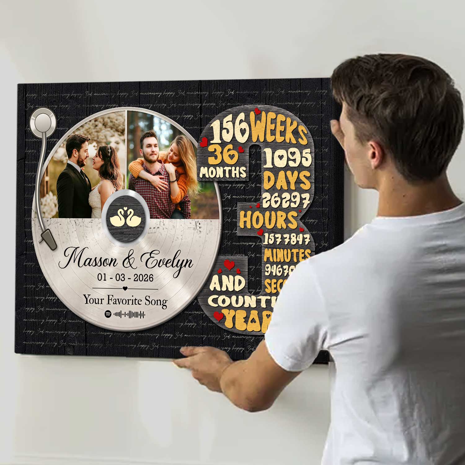 Personalized 3 years anniversary canvas with custom vinyl record photo – third wedding anniversary gift for him.