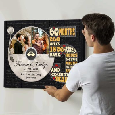 Personalized 5 years anniversary canvas with custom vinyl record photo – fifth wedding anniversary gift for him.