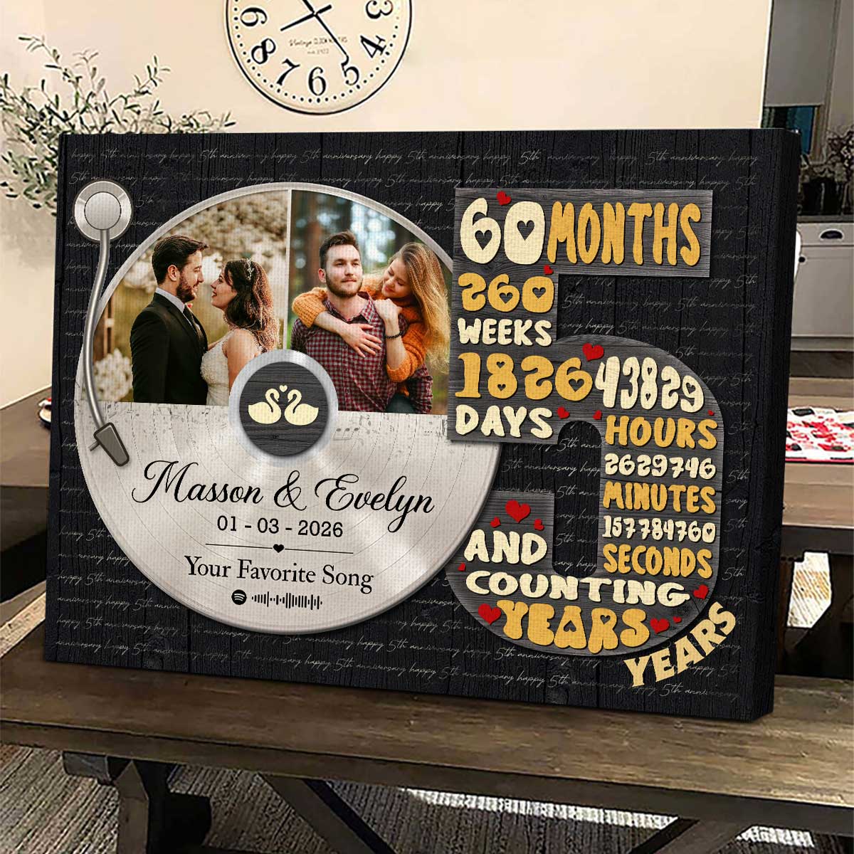 Personalized 5 years anniversary canvas with custom vinyl record photo – fifth wedding anniversary gift for him.