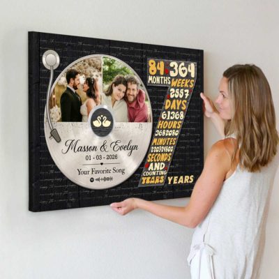 Personalized 7 years anniversary canvas with custom vinyl record photo – seventh wedding anniversary gift for him.