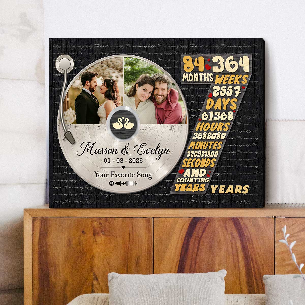 Personalized 7 years anniversary canvas with custom vinyl record photo – seventh wedding anniversary gift for him.
