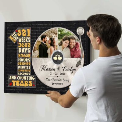 Personalized 10 years anniversary canvas with custom vinyl record photo – tenth wedding anniversary gift for him.