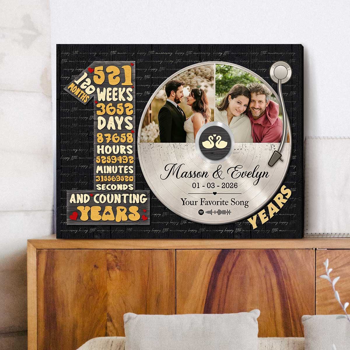 Personalized 10 years anniversary canvas with custom vinyl record photo – tenth wedding anniversary gift for him.
