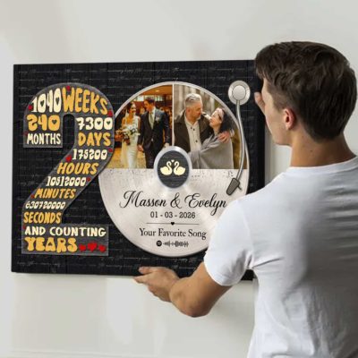 Personalized 20 years anniversary canvas with custom vinyl record photo – twentieth wedding anniversary wall décor keepsake.