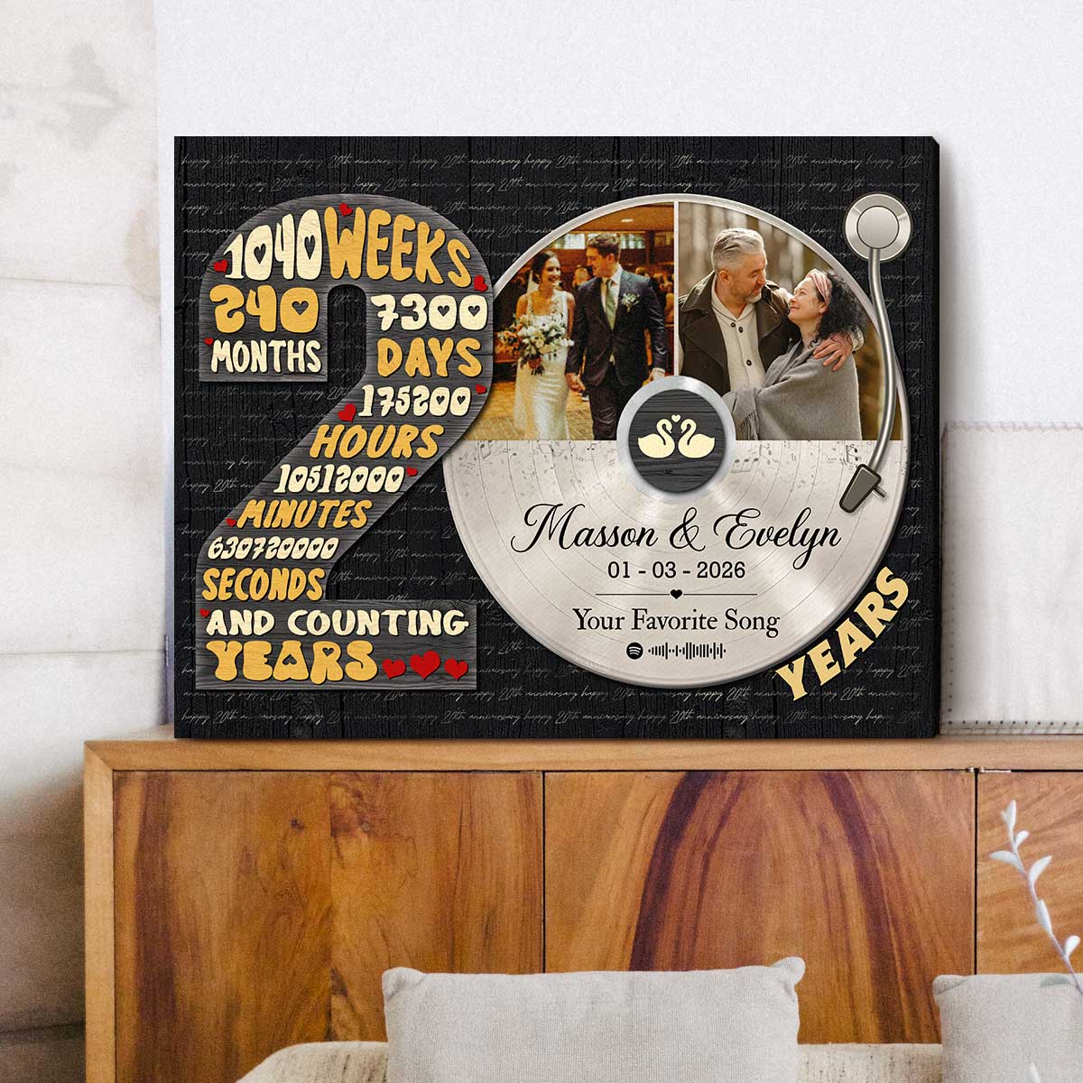 Personalized 20 years anniversary canvas with custom vinyl record photo – twentieth wedding anniversary wall décor keepsake.