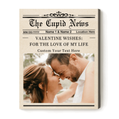 Personalized Valentine newspaper canvas – vintage love story wall art and custom Valentine’s Day gift for couples.