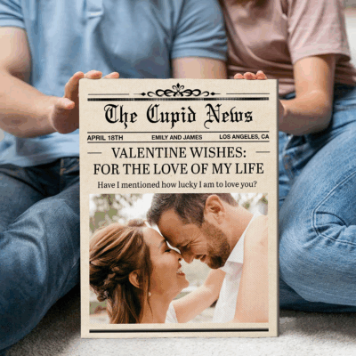 Personalized Valentine newspaper canvas – vintage love story wall art and custom Valentine’s Day gift for couples.