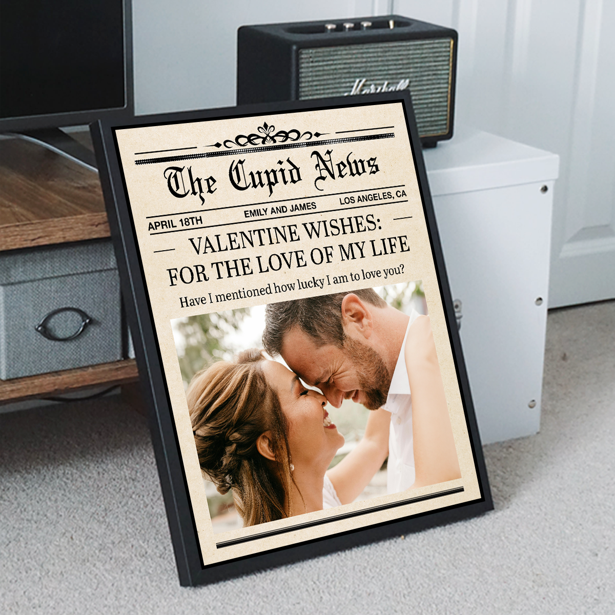 Personalized Valentine newspaper canvas – vintage love story wall art and custom Valentine’s Day gift for couples.