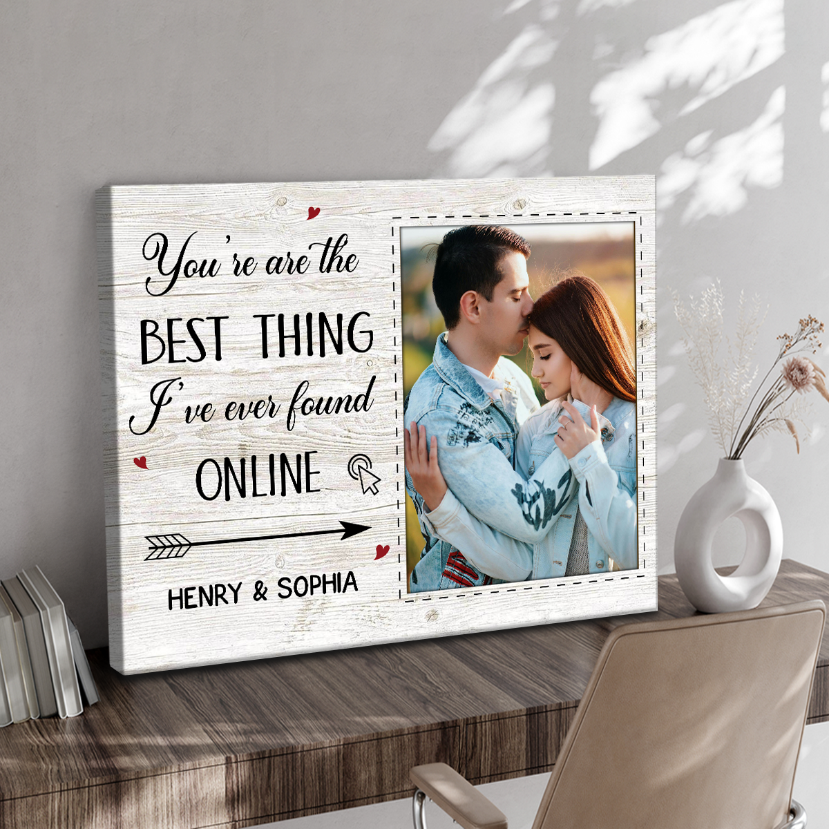 Personalized online dating anniversary canvas with photo – best thing I found online Valentine gift for boyfriend or girlfriend.