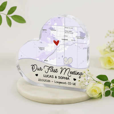 Custom first meeting map acrylic plaque with personalized location – romantic Valentine and anniversary keepsake for couples.