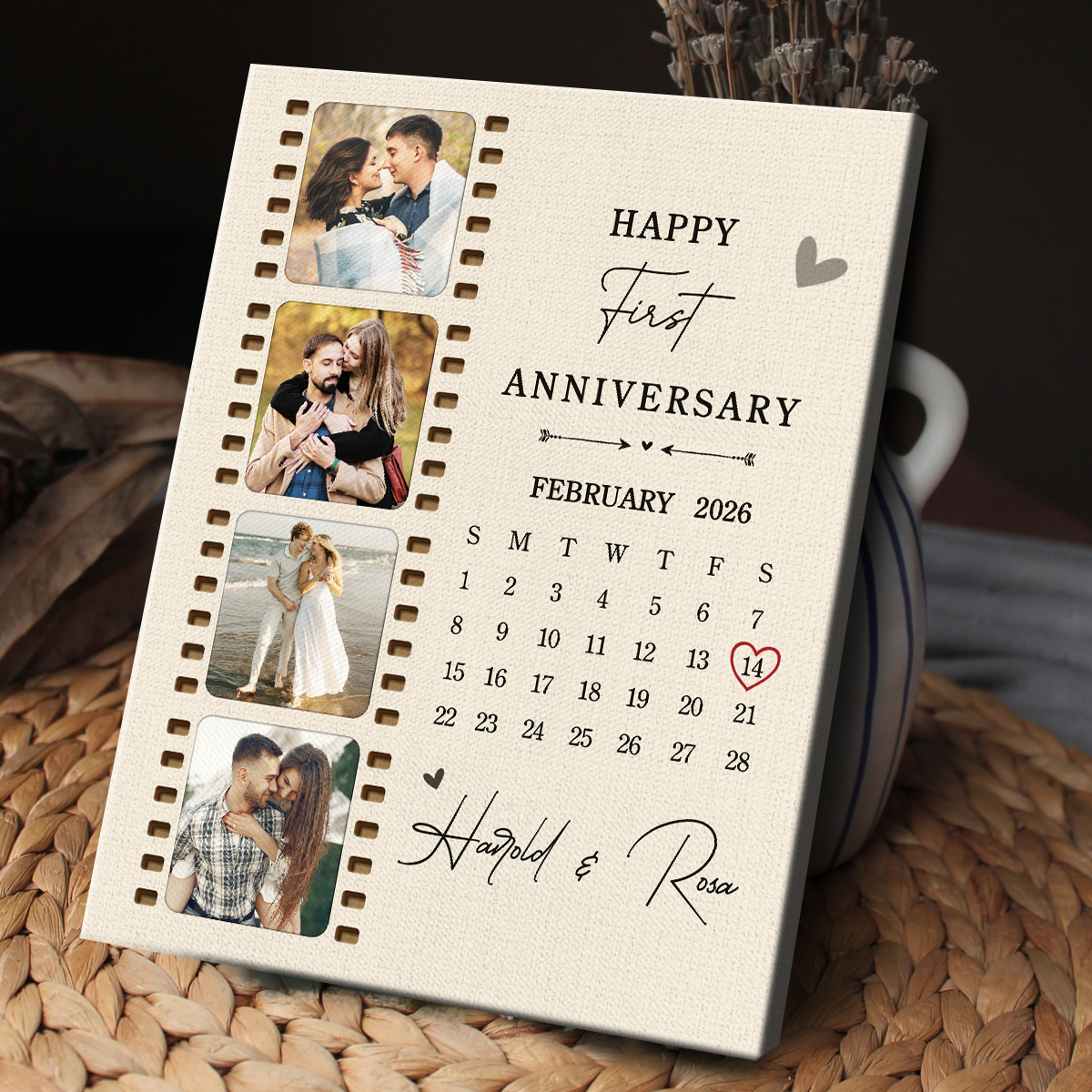 Personalized 1st anniversary calendar canvas – custom first year anniversary gift for husband or boyfriend.