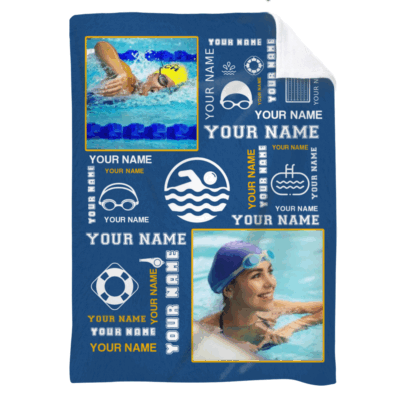 Personalized swimming blanket with photo and name – custom swimmer gift for swim team or senior night.