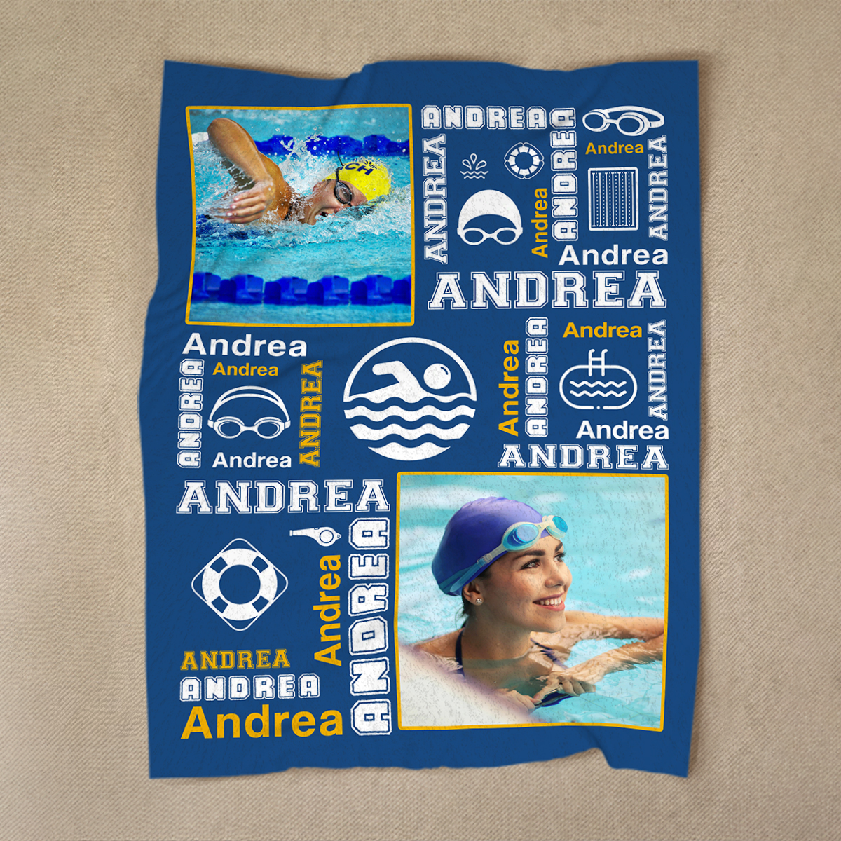 Personalized swimming blanket with photo and name – custom swimmer gift for swim team or senior night.