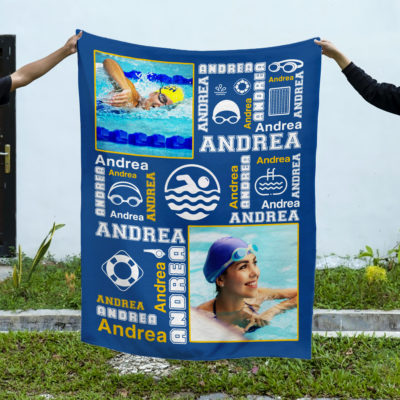 Personalized swimming blanket with photo and name – custom swimmer gift for swim team or senior night.
