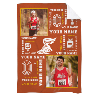 Personalized running blanket with custom name – track and field runner gift and marathon keepsake.