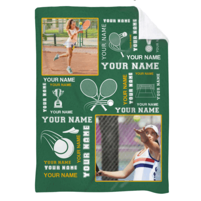 Personalized tennis blanket with photo and name – custom tennis player gift for team or senior night.