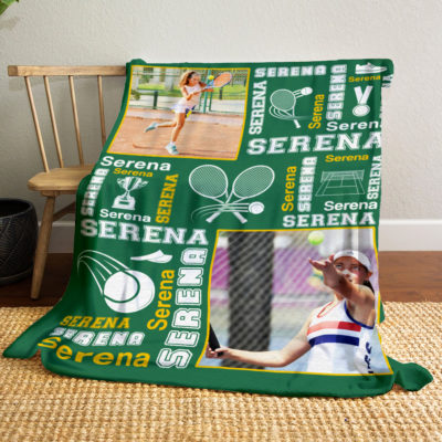 Personalized tennis blanket with photo and name – custom tennis player gift for team or senior night.