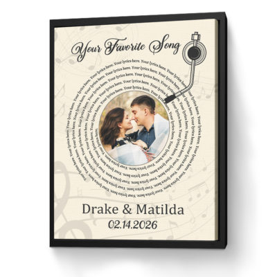 Custom Photo Vinyl Lyrics Canvas - Valentines Gift with couple photo in center, personalized song lyrics, names and date, Valentine gift, wedding song lyrics wall art, personalized music lover gift.