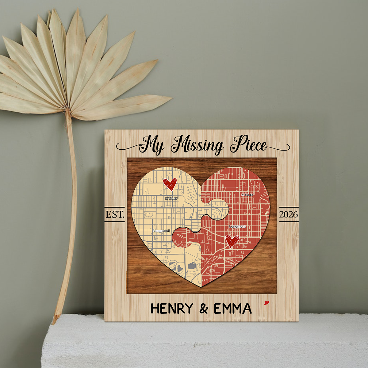 Personalized heart map puzzle print – custom location puzzle gift for couples, anniversary or Valentine’s Day keepsake.