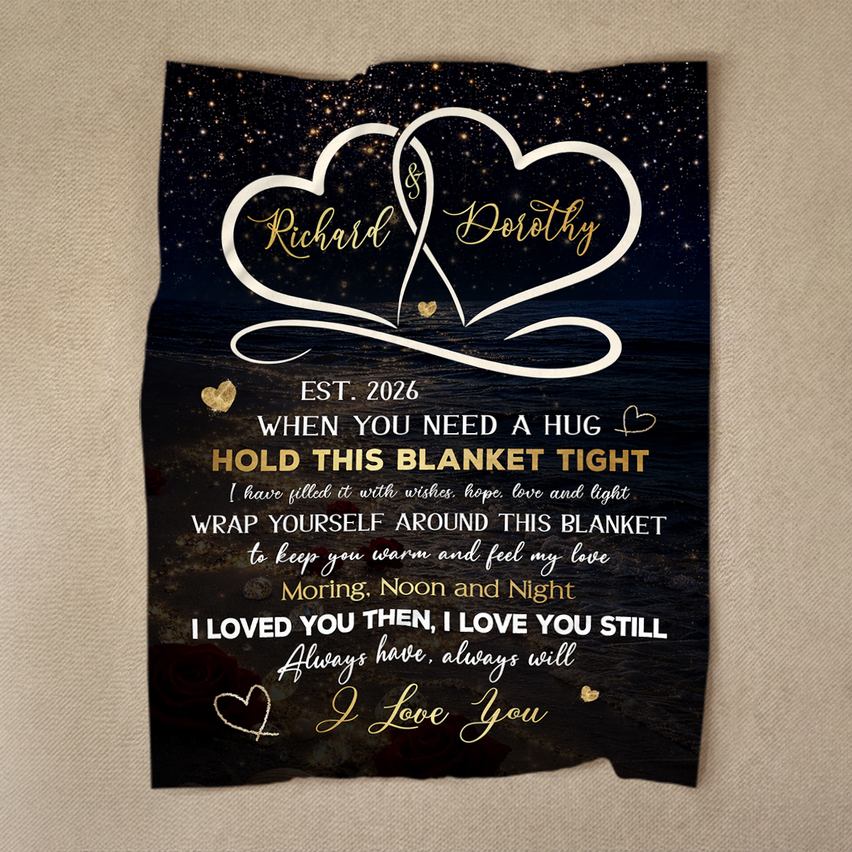 Personalized couple blanket with romantic love message – Valentine and anniversary gift for husband and wife.