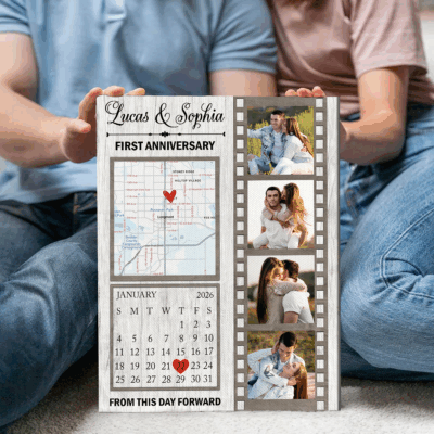 Custom Photo Canvas with Calendar, Personalised Couples Anniversary Gift, Ideal for Valentines Day Gift, Couple Wall Art