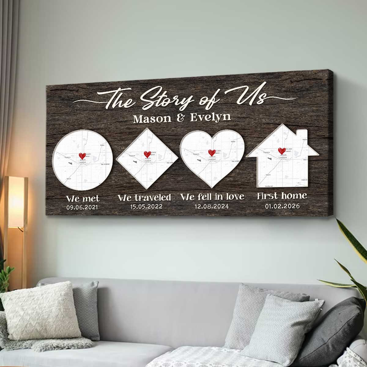 Personalized our love story map print – couple timeline wall art and romantic Valentine or first home gift for couples.
