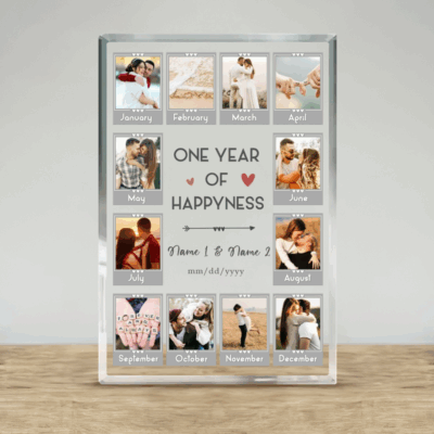Custom One Year Anniversary Photo Collage Plaque - Anniversary Gift with 12 monthly couple photos, personalized names and date, one year of happiness plaque, first anniversary and Valentine gift.