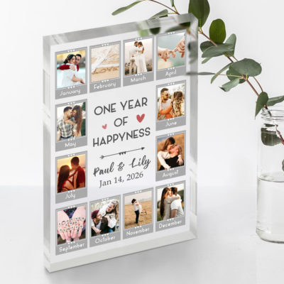 Custom One Year Anniversary Photo Collage Plaque - Anniversary Gift with 12 monthly couple photos, personalized names and date, one year of happiness plaque, first anniversary and Valentine gift.