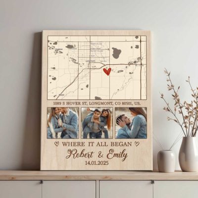 Where It All Began - Personalized Couple Photo Map Canvas, Anniversary Couple Gift, Engagement Gifts, Romantic Valentines Gifts