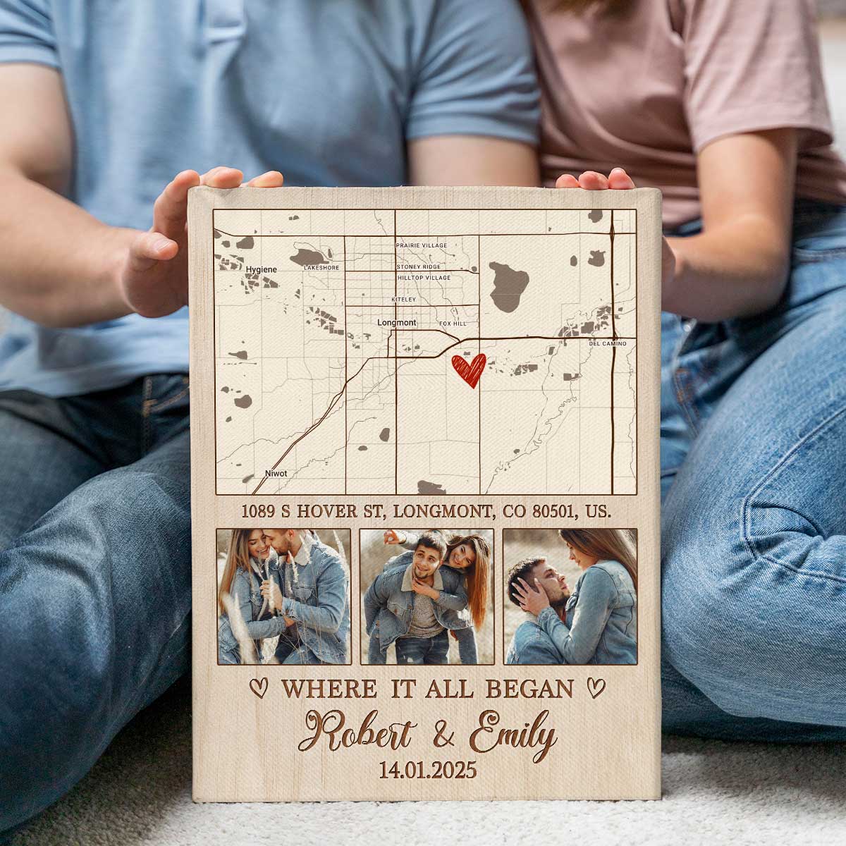 Where It All Began - Personalized Couple Photo Map Canvas, Anniversary Couple Gift, Engagement Gifts, Romantic Valentines Gifts