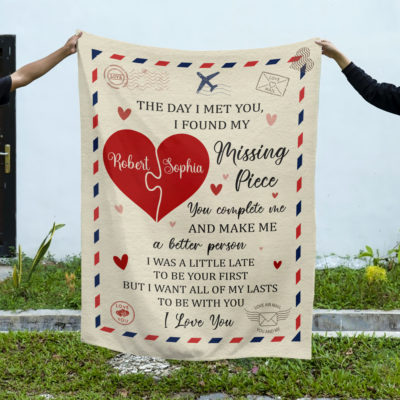 Personalized My Missing Piece Blanket - Valentine Days Gift with red heart puzzle design, custom couple names and romantic love message, Valentine’s Day gift for couples, personalized couple blanket.