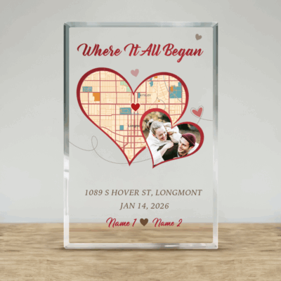 Where It All Began Map Photo Plaque - Anniversary Gift with heart-shaped custom map, personalized couple photo, names and date, anniversary and Valentine’s Day gift for couples.