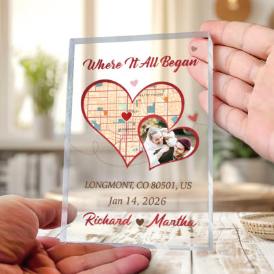 Where It All Began Map Photo Plaque - Anniversary Gift with heart-shaped custom map, personalized couple photo, names and date, anniversary and Valentine’s Day gift for couples.