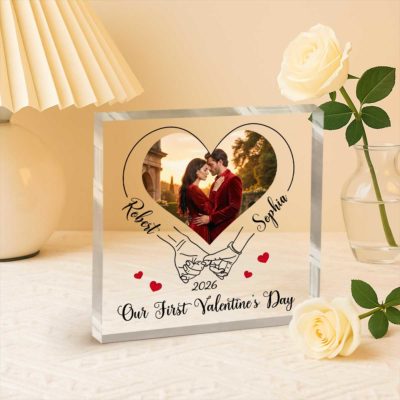 personalized Our First Valentines Day acrylic plaque – custom first Valentine keepsake gift for couples.