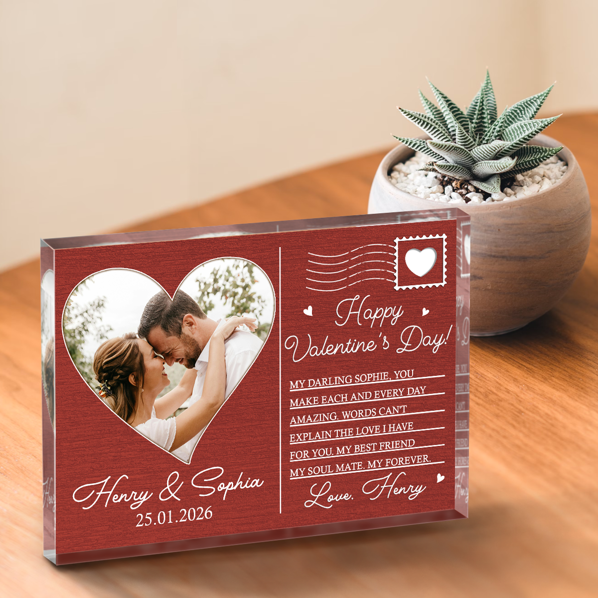 Personalized love message acrylic plaque with custom couple photo – meaningful Valentine’s Day and anniversary keepsake gift.