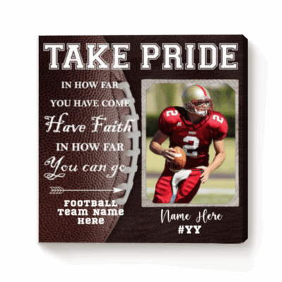 Senior football canvas print personalized with varsity player name and number – custom senior night 2026 football wall art gift.
