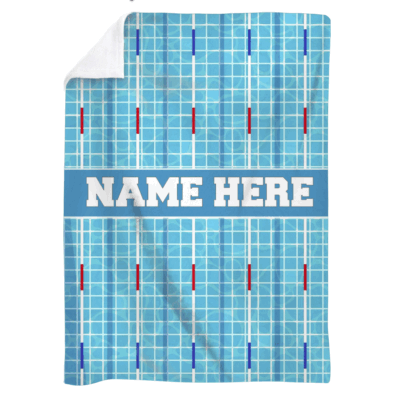 Personalized swimming blanket with custom name – swim team fan gift, competitive swimming sports bedding for kids or adults.
