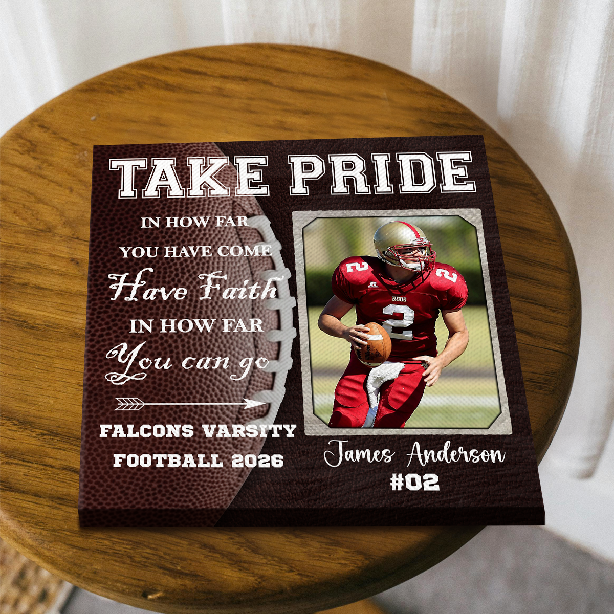 Senior football canvas print personalized with varsity player name and number – custom senior night 2026 football wall art gift.