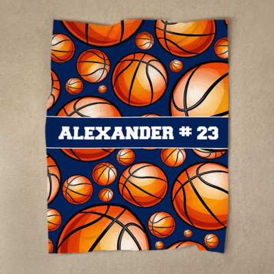 Personalized basketball blanket with custom name – basketball fan throw gift for boys and girls, school team basketball bedding.